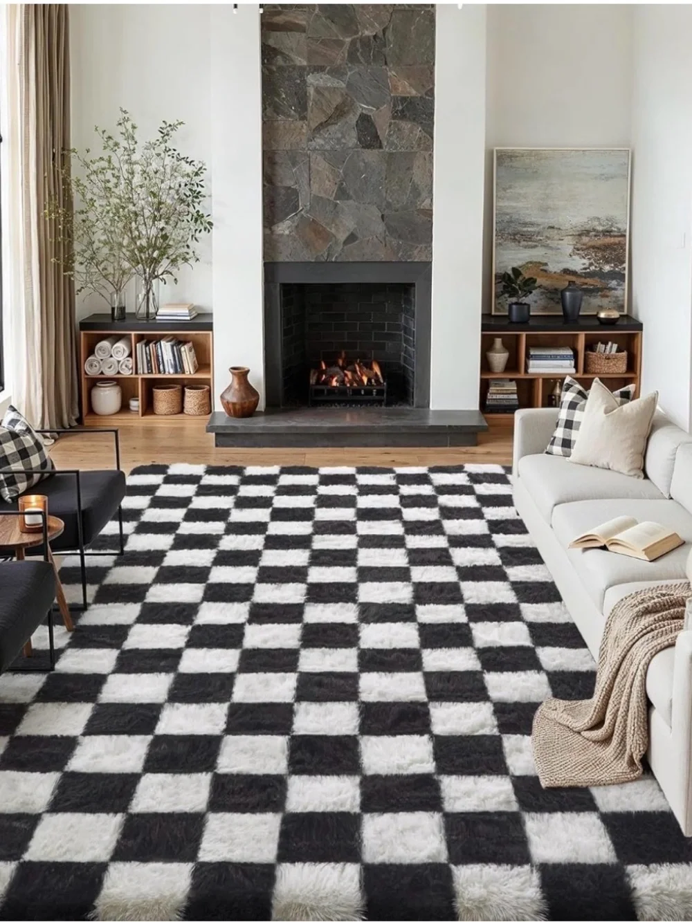 Plush Black and White Diamond Shag Area Rug - Home Accents